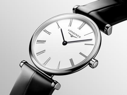 Longines La Grande Classique Quarz Edelstahl 24mm weißes Zifferblatt schwarzes Lederband – Damenuhren Uhr ohne Datum aus Edelstahl. Das Armband ist ein Lederarmband. Der Zifferblatt ist römisch. – Ansicht 2