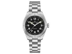 Hamilton Khaki Field Expedition Automatik Edelstahl 41mm schwarzes Zifferblatt Metallband – Herrenuhren Uhr ohne Datum aus Edelstahl. Das Gehäuse ist rund und silber. Das Edelstahlarmband ist silber. Das Zifferblatt ist arabisch und schwarz.