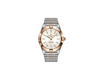 Breitling Chronomat 32 Quarz Edelstahl weißes Zifferblatt zweifarbiges Metallband – Damenuhren Uhr mit Datum aus 750 Rotgold und Edelstahl. Das Gehäuse ist rund und roségold. Das Edelstahlarmband mit Gold ist silber-roségold. Das Zifferblatt ist ein Index in weiß.
