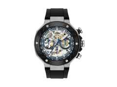 Tissot T-Race MotoGP                   2025 Chronograph Limited Edition Automatic Edelstahl 45mm skelettiertes Zifferblatt schwarzes Silikonband – Herrenuhren Chronograph aus Edelstahl und PVD beschichtet. Das Gehäuse ist rund und silber. Das Kautschuk / Kunststoff / Silikon Armband ist schwarz. Das Zifferblatt ist ein Index in blau.