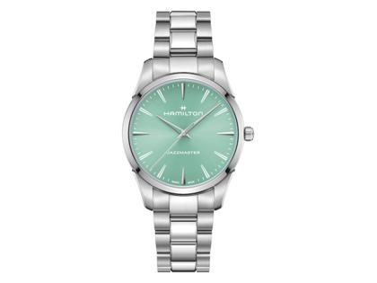 Hamilton Jazzmaster Quartz Edelstahl 40mm türkises Zifferblatt Metallband – Herrenuhren Uhr ohne Datum aus Edelstahl. Das Gehäuse ist rund und silber. Das Edelstahlarmband ist silber. Das Zifferblatt ist ein Index in türkis.