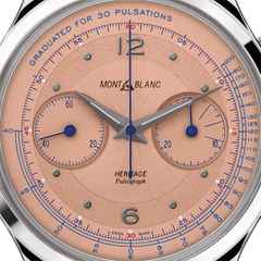 Montblanc Heritage  Handaufzug Pulsograph 40 mm Edelstahl lachsfarben schwarzes Lederband – Herrenuhren Chronograph aus Edelstahl. Das Gehäuse ist rund und silber. Das Lederarmband Kroko / Alligator ist grau. Das Zifferblatt ist arabisch Index und orange. – Ansicht 2