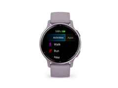 Garmin vívoactive 5 faserverstärktes Polymer orchidee/orchidee metallic 42mm orchideefarbenes Kautschukband – Damenuhren Uhr Multifunktion aus eloxiertes Aluminium, Kautschuk, Kunststoff und PVD beschichtet. Das Gehäuse ist rund und lila. Das Kautschuk / Kunststoff / Silikon Armband ist lila. Der Zifferblatt ist digital.