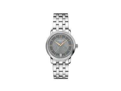 Damenuhren Uhr mit Datum aus Edelstahl. Das Gehäuse ist rund und silber. Das Edelstahlarmband ist silber. Das Zifferblatt ist römisch Index und grau.