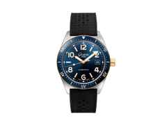 Glashütte Original SeaQ Automatik Edelstahl 40mm blaues Zifferblatt schwarzes Kautschukband – Herrenuhren Uhr mit Datum aus 750 Gelbgold, Edelstahl und Keramik. Das Gehäuse ist rund und silber-gelbgold. Das Kautschuk / Kunststoff / Silikon Armband ist blau. Das Zifferblatt ist arabisch Index und blau.