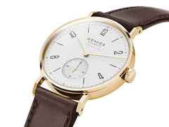 Nomos Glashütte Tangente Gold Neomatik Doré Automatik Gelbgold 35mm weißes Zifferblatt braunes Lederband – Damenuhren Uhr ohne Datum aus 750 Gelbgold und Leder. Das Gehäuse ist rund und gelbgold. Das Lederarmband ist braun. Das Zifferblatt ist arabisch Index und weiß. – Ansicht 4