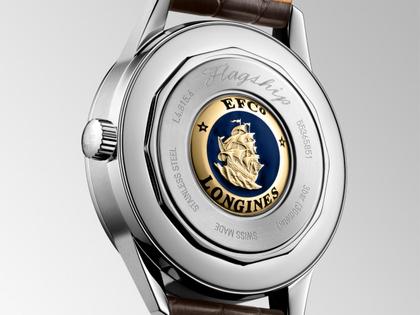 Longines Flagship Heritage Automatik Edelstahl 38,5mm beiges Zifferblatt braunes Lederband – Herrenuhren Uhr mit Datum aus Edelstahl, Leder und vergoldet. Das Gehäuse ist rund und silber. Das Lederarmband Kroko / Alligator ist braun. Das Zifferblatt ist ein Index in silber. – Ansicht 3