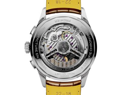 Breitling Premier B01 Chronograph 42 Automatik Edelstahl blaues Zifferblatt braunes Lederband – Herrenuhren Chronograph aus Edelstahl und Leder. Das Gehäuse ist rund und silber. Das Lederarmband Kroko / Alligator ist braun. Das Zifferblatt ist arabisch und blau. – Ansicht 4