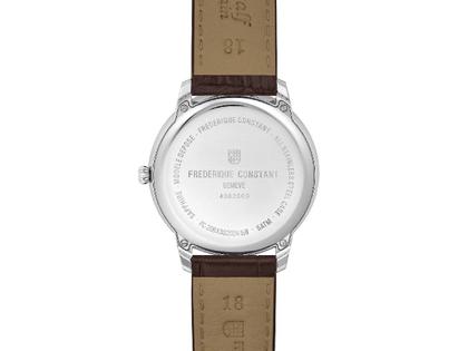 Frederique Constant Classics Moneta Moonphase Quarz 37mm silberfarbenes Zifferblatt braunes Lederband – Herrenuhren Uhr ohne Datum aus Edelstahl und Leder. Das Gehäuse ist rund und silber. Das Lederarmband ist braun. Das Zifferblatt ist ein Index in silber. – Ansicht 2