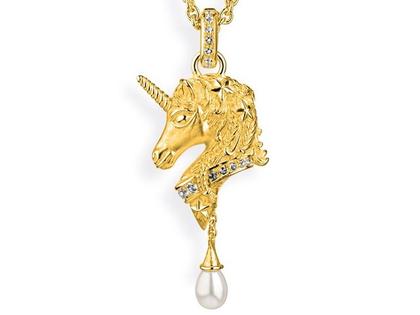 Drachenfels Design Sternenglanz und Schattentanz Anhänger Einhorn Bright groß Bergkristall Süßwasserperle gelbgoldplattiert – Anhänger Anhänger mit Besatz aus 925 Silber.