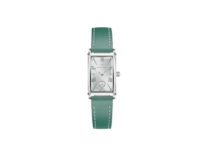 Hamilton Ardmore Quartz Edelstahl 19x27mm silbernes Zifferblatt türkises Lederband – Damenuhren Uhr ohne Datum aus Edelstahl. Das Gehäuse ist rechteckig und silber. Das Lederarmband ist türkis. Das Zifferblatt ist römisch und silber.
