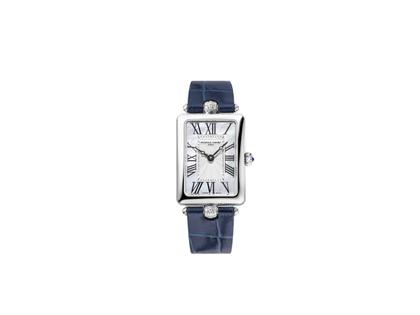 Frederique Constant Classics Art Deco Carree Quarz Edelstahl 28x21mm mit Diamanten silbernes Zifferblatt blaues Lederband – Damenuhren Uhr ohne Datum aus Edelstahl und Leder. Das Gehäuse ist rechteckig und silber. Das Lederarmband ist blau. Das Zifferblatt ist römisch und silber.