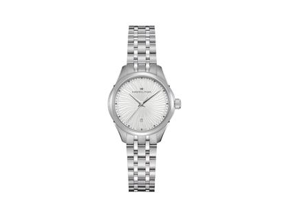 Hamilton Jazzmaster Lady Quarz Edelstahl 30mm weißes Zifferblatt Metallband – Damenuhren Uhr mit Datum aus Edelstahl. Das Gehäuse ist rund und silber. Das Edelstahlarmband ist silber. Das Zifferblatt ist ohne Zeichen und weiß.