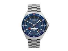 UMF Ruhla U-Boot U-17 Automatik Edelstahl 43mm blaues Zifferblatt Metallband limitiert – Herrenuhren Uhr ohne Datum aus Edelstahl und Keramik. Das Gehäuse ist rund und silber. Das Edelstahlarmband ist silber. Das Zifferblatt ist ein Index in blau.
