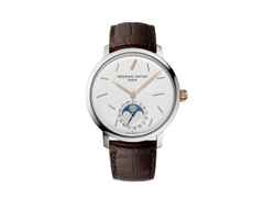 Frederique Constant Manufacture Slimline Moonphase Date Automatik Edelstahl 42mm silbernes Zifferblatt braunes Lederband limitiert – Herrenuhren Uhr mit Datum aus Edelstahl und Leder. Das Gehäuse ist rund und silber. Das Lederarmband Kroko / Alligator ist braun. Das Zifferblatt ist ein Index in silber.