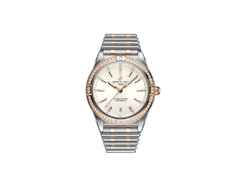 Breitling Chronomat Automatic 36 Edelstahl weißes Zifferblatt mit Brillanten zweifarbiges Metallband – Damenuhren Uhr mit Datum aus Edelstahl. Das Gehäuse ist rund und silber-roségold. Das Edelstahlarmband mit Gold ist silber-roségold. Das Zifferblatt ist ein Index in weiß.
