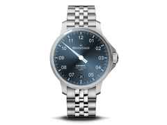 MeisterSinger Unomat Automatik Edelstahl blaues Zifferblatt Edelstahlband – Herrenuhren Uhr mit Datum aus Edelstahl und Eisen. Das Gehäuse ist rund und silber. Das Edelstahlarmband ist silber. Das Zifferblatt ist arabisch Index und blau.