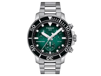 Tissot Seastar 1000  Quarz Chronograph grünes Zifferblatt Edelstahlband – Herrenuhren Chronograph aus Edelstahl und Keramik. Das Gehäuse ist rund und silber. Das Edelstahlarmband ist silber. Das Zifferblatt ist ein Index in grün.