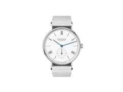 Nomos Glashütte Ludwig 38 Emaillleweiß Handaufzug Edelstahl weißes Zifferblatt Metallband Glasboden – Herrenuhren Uhr ohne Datum aus Edelstahl. Das Gehäuse ist rund und silber. Das Edelstahlarmband ist silber. Das Zifferblatt ist römisch Index und weiß.