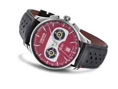 Union Glashütte Noramis Chronograph Sachsen Classic 2020 Limited Edition Automatik Edelstahl 42mm zinnoberrotes Zifferblatt graues Lederband – Herrenuhren Chronograph aus Edelstahl und Leder. Das Gehäuse ist rund und silber. Das Lederarmband ist grau. Das Zifferblatt ist arabisch Index und rot. – Ansicht 2