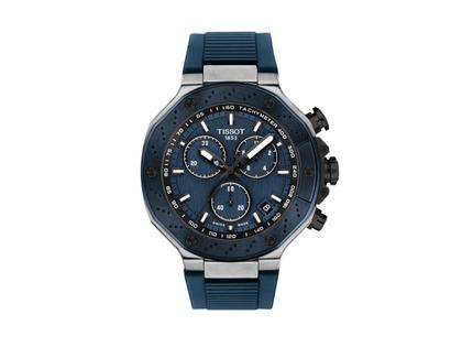 Tissot T-Race Chronograph Quarz Edelstahl 45mm blaues Zifferblatt blaues Silikonband – Herrenuhren Chronograph aus Edelstahl und PVD beschichtet. Das Gehäuse ist rund und silber. Das Kautschuk / Kunststoff / Silikon Armband ist blau. Das Zifferblatt ist ein Index in blau.