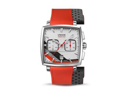 Union Glashütte Averin Chronograph Sachsen Classic 2026 Limited Edition Automatik Edelstahl 41mm graues Zifferblatt rotes Kautschukband und graues Lederband – Herrenuhren Chronograph aus Edelstahl, Kautschuk und Leder. Das Gehäuse ist quadratisch und silber. Das Lederarmband ist grau. Das Zifferblatt ist ein Index in grau.