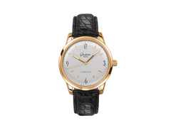 Glashütte Original Sixties Automatik Roségold 39mm silberfarbenes Zifferblatt schwarzes Lederband – Herrenuhren Uhr ohne Datum aus 750 Rotgold. Das Gehäuse ist rund und roségold. Das Lederarmband Kroko / Alligator ist schwarz. Das Zifferblatt ist arabisch Index und silber.