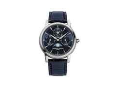 Frederique Constant Classic Perpetual Calendar Manufacture Automatik Edelstahl 40mm blaues Zifferblatt Lederband – Herrenuhren Uhr mit Kalender aus Edelstahl. Das Gehäuse ist rund und silber. Das Lederarmband Kroko / Alligator ist blau. Das Zifferblatt ist ein Index in blau.