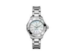 TAG Heuer Aquaracer Professional 200 Solargraph Quarz Edelstahl 34mm weißes Perlmutt-Zifferblatt Metallband – Damenuhren Uhr mit Datum aus Edelstahl. Das Gehäuse ist rund und silber. Das Edelstahlarmband ist silber. Das Zifferblatt ist ein Index in weiß.