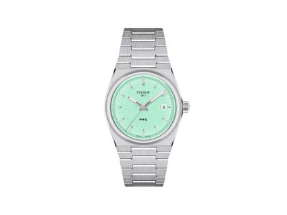 Tissot PRX Quarz Edelstahl 35mm mintfarbenes Zifferblatt Metallband – Damenuhren Uhr mit Datum aus Edelstahl. Das Gehäuse ist rund und silber. Das Edelstahlarmband ist silber. Das Zifferblatt ist ein Index in grün.