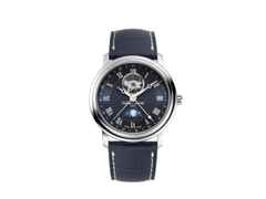 Frederique Constant Classics Heart Beat Moonphase Date Automatik Edelstahl 40mm blaues Zifferblatt blaues Lederband – Herrenuhren Uhr mit Datum aus Edelstahl und Leder. Das Gehäuse ist rund und silber. Das Lederarmband ist blau. Das Zifferblatt ist römisch und blau.