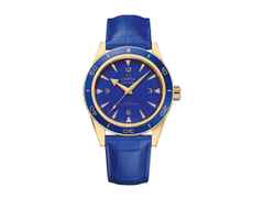 Omega Seamaster 300 Automatik Gelbgold 41mm Lapislazuli-Zifferblatt blaues Lederband – Herrenuhren Uhr ohne Datum aus 750 Gelbgold und Keramik. Das Gehäuse ist rund und gelbgold. Das Lederarmband ist blau. Das Zifferblatt ist arabisch Index und blau.