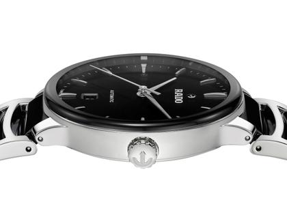 Rado Centrix Automatik Edelstahl 39,5mm schwarzes Zifferblatt Metallband – Herrenuhren Uhr mit Datum aus Edelstahl und Keramik. Das Gehäuse ist rund und silber. Das Keramikarmband ist schwarz. Das Zifferblatt ist ein Index in schwarz. – Ansicht 3