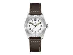 Hamilton Khaki Field Expedition Automatik Edelstahl 37mm weißes Zifferblatt braunes Lederband – Herrenuhren Uhr ohne Datum aus Edelstahl und Leder. Das Gehäuse ist rund und silber. Das Edelstahlarmband ist braun. Das Zifferblatt ist arabisch und weiß.