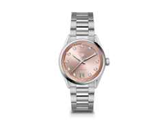TAG Heuer Carrera Date Automatik Edelstahl 36mm lachsfarbenes Zifferblatt mit Brillanten Metallband – Damenuhren Uhr mit Datum aus Edelstahl. Das Gehäuse ist rund und silber. Das Edelstahlarmband ist silber. Das Zifferblatt ist ein Index in beige.