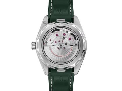 Omega Seamaster Aqua Terra 150M Automatik Edelstahl 43mm grünes Zifferblatt grünes Kautschukband – Herrenuhren Uhr mit Datum aus 750 Gelbgold, Edelstahl, Kautschuk und Keramik. Das Gehäuse ist rund und silber. Das Kautschuk / Kunststoff / Silikon Armband ist grün. Das Zifferblatt ist ein Index in grün. – Ansicht 2