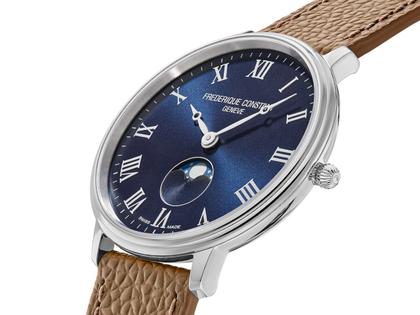Frederique Constant Classics Moonphase Quarz Edelstahl 39mm blaues Zifferblatt braunes Lederband – Herrenuhren Uhr ohne Datum aus Edelstahl und Leder. Das Gehäuse ist rund und silber. Das Lederarmband ist braun. Das Zifferblatt ist römisch und blau. – Ansicht 2