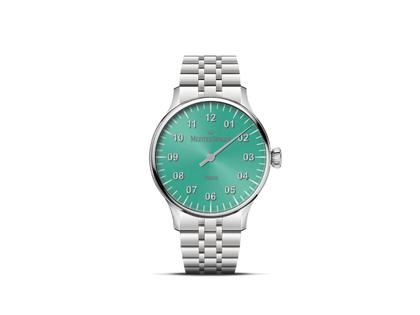 MeisterSinger Yaara Automatik Edelstahl 36mm mintfarbenes Zifferblatt Metallband – Damenuhren Uhr ohne Datum aus Edelstahl. Das Gehäuse ist rund und silber. Das Edelstahlarmband ist silber. Das Zifferblatt ist arabisch und grün.