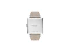 Nomos Glashütte Tetra Origins Salvia Handaufzug Edelstahl 29,5mm grünes Zifferblatt graues Lederband Stahlboden – Damenuhren Uhr ohne Datum aus Edelstahl und Leder. Das Gehäuse ist quadratisch und silber. Das Lederarmband ist grau. Das Zifferblatt ist arabisch Index und grün. – Ansicht 2