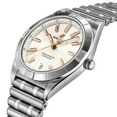 Breitling Chronomat Automatic 36 Edelstahl weißes Zifferblatt mit Brillanten Metallband – Damenuhren Uhr mit Datum aus Edelstahl. Das Gehäuse ist rund und silber. Das Edelstahlarmband ist silber. Das Zifferblatt ist ein Index in weiß. – Ansicht 3