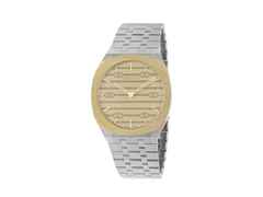 Gucci 25H Quarz Edelstahl 38mm goldenes Zifferblatt Metallband YA163405 – Damenuhren Uhr ohne Datum aus 750 Gelbgold, Edelstahl und vergoldet. Das Gehäuse ist rund und silber-gelbgold. Das Edelstahlarmband ist silber. Das Zifferblatt ist ein Index in gelbgold.