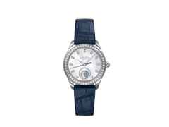 Glashütte Original Lady Serenade Luna Automatik Edelstahl 32,5mm weißes Perlmutt-Zifferblatt blaues Lederband – Damenuhren Uhr ohne Datum aus Edelstahl und Leder. Das Gehäuse ist rund und silber. Das Lederarmband Kroko / Alligator ist blau. Das Zifferblatt ist ein Index in weiß.