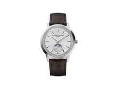Frederique Constant Classics Moneta Moonphase Quarz 37mm silberfarbenes Zifferblatt braunes Lederband – Herrenuhren Uhr ohne Datum aus Edelstahl und Leder. Das Gehäuse ist rund und silber. Das Lederarmband ist braun. Das Zifferblatt ist ein Index in silber.
