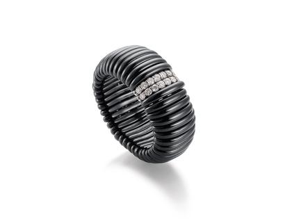 Silhouette Schmuck Keramik Flex Ring schwarz glänzend mit Weißgold Brillant-Ronden – Ringe Ring mit Besatz in schwarz und aus 750 Weißgold und Keramik.