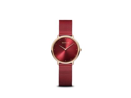 Bering Ultra Slim Quarz Edelstahl 29mm rotes Zifferblatt Metallband – Damenuhren Uhr ohne Datum aus Edelstahl. Das Gehäuse ist rund und roségold. Das Edelstahlarmband ist rot. Das Zifferblatt ist ohne Zeichen und rot.