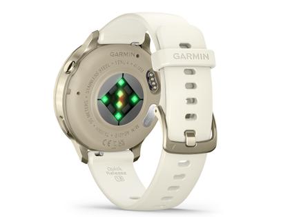 Garmin Venu 4 Quarz Edelstahl und Polymer Lunargold 41mm digitales Zifferblatt beiges Silikonband – Herrenuhren Uhr Multifunktion aus Edelstahl, Faserverstärktes Polymer und PVD beschichtet. Das Gehäuse ist rund und gelbgold. Das Kautschuk / Kunststoff / Silikon Armband ist beige. Das Zifferblatt ist digital und schwarz. – Ansicht 4