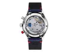 Hanhart Red X Blau Handaufzug Edelstahl 39mm blaues Zifferblatt blaues Lederband – Herrenuhren Chronograph aus Edelstahl, Keramik, Kunststoff und Leder. Das Gehäuse ist rund und silber. Das Lederarmband ist blau. Das Zifferblatt ist arabisch Index und blau. – Ansicht 4