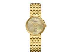 Rado Florence Diamonds Quarz Edelstahl Gelbgold-PVD 30mm gelbgoldfarbenes Zifferblatt Metallband – Damenuhren Uhr mit Datum aus Edelstahl und PVD beschichtet. Das Gehäuse ist rund und gelbgold. Das Edelstahlarmband ist gelbgold. Das Zifferblatt ist ein Index in gelbgold.
