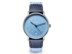 Sternglas Lumatik Automatik Edelstahl 38mm hellblaues Zifferblatt hellblaues Textilband – Herrenuhren Uhr mit Datum aus Edelstahl und Leder. Das Gehäuse ist rund und silber. Das Textilarmband ist blau. Das Zifferblatt ist arabisch Index und blau.