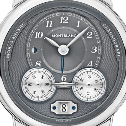 Montblanc Star Legacy Nicolas Rieussec Monopusher Automatik Chronograph – Herrenuhren Chronograph aus Edelstahl. Das Gehäuse ist rund und silber. Das Lederarmband Kroko / Alligator ist grau. Das Zifferblatt ist arabisch und grau. – Ansicht 2